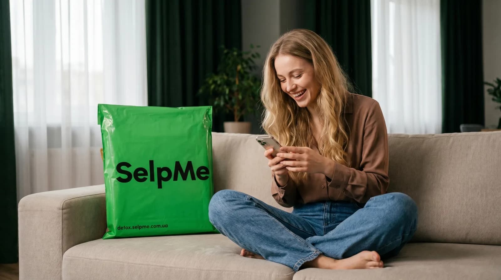 Жінка на дивані з брендованою зеленою сумкою SelpMe — за посиланням detox.selpme.com.ua